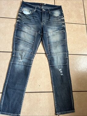 Men's Distressed Dark Blue Straight Jeans with Biker Paneling